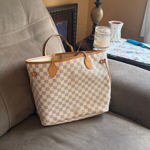 Louis Vuitton Damier Azur Neverfull Tote in White and Tan Leather Trim